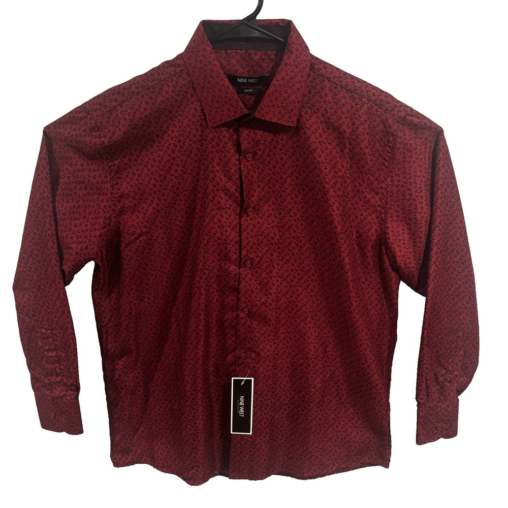 Nine West Men's Slim Fit Red Geo Print Long Sleeve Dress Shirt